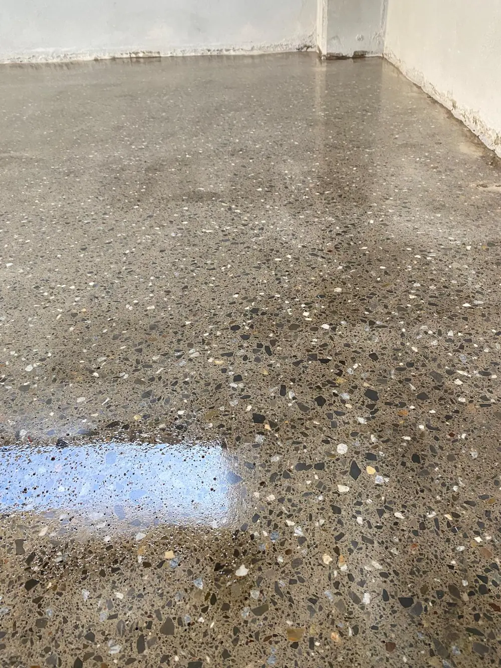 Duvar dibine kadar parlatılmış beton zemin